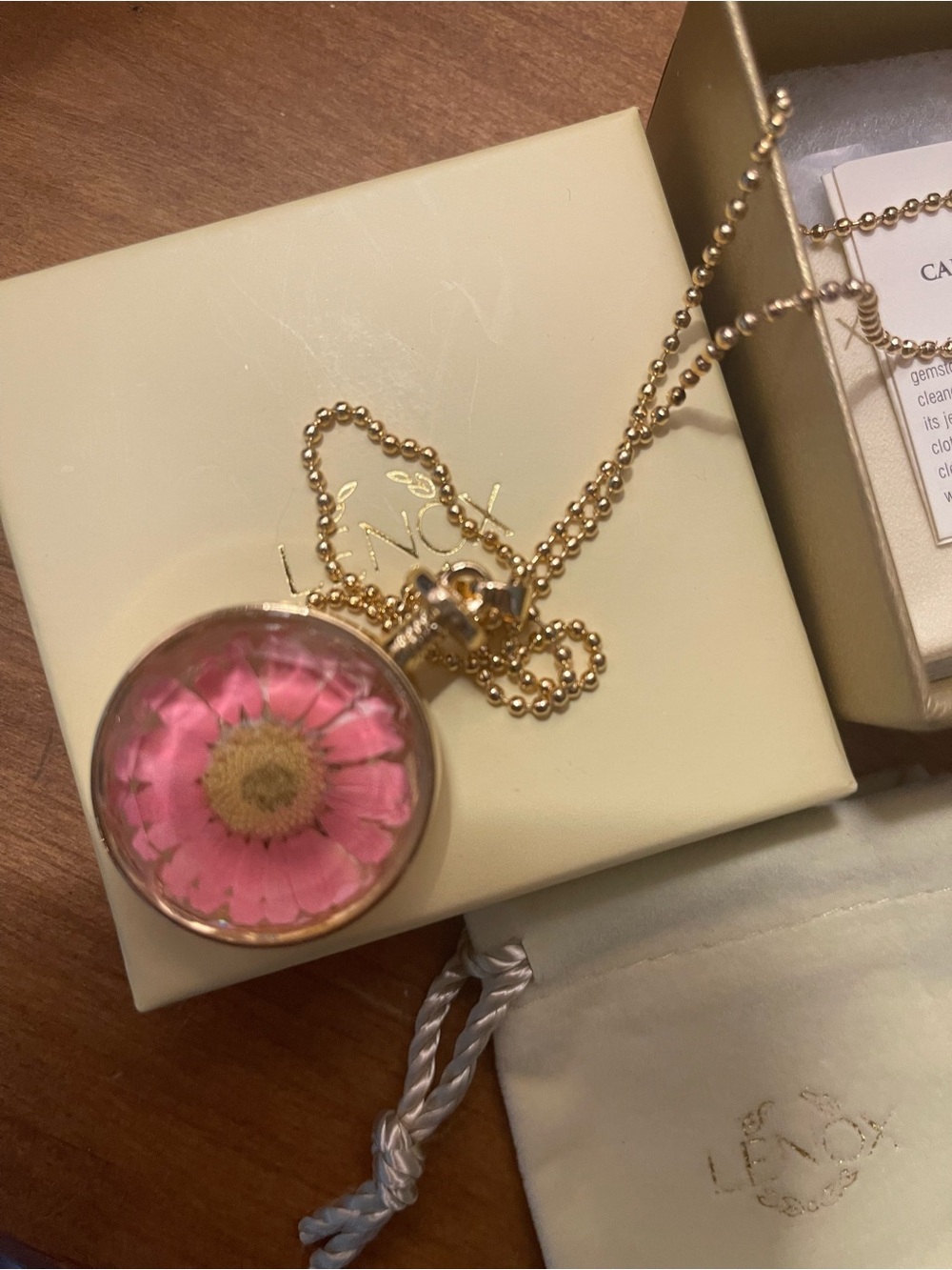 Lenox Gold-Tone Necklace with Pink Pressed Flower Pendant